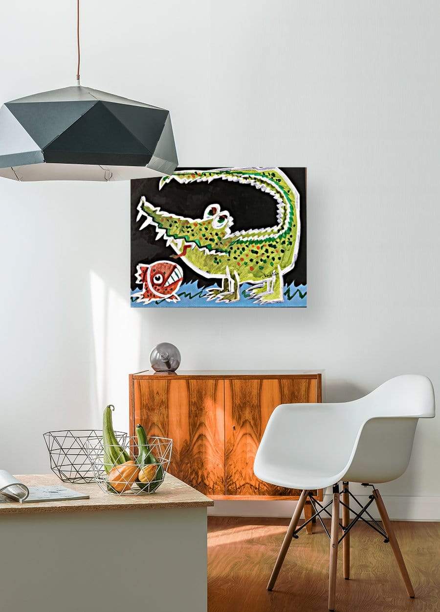 Crocodile with Fish is an acrylic painting with inspiration from Picasso, Cezanne, van Gogh.