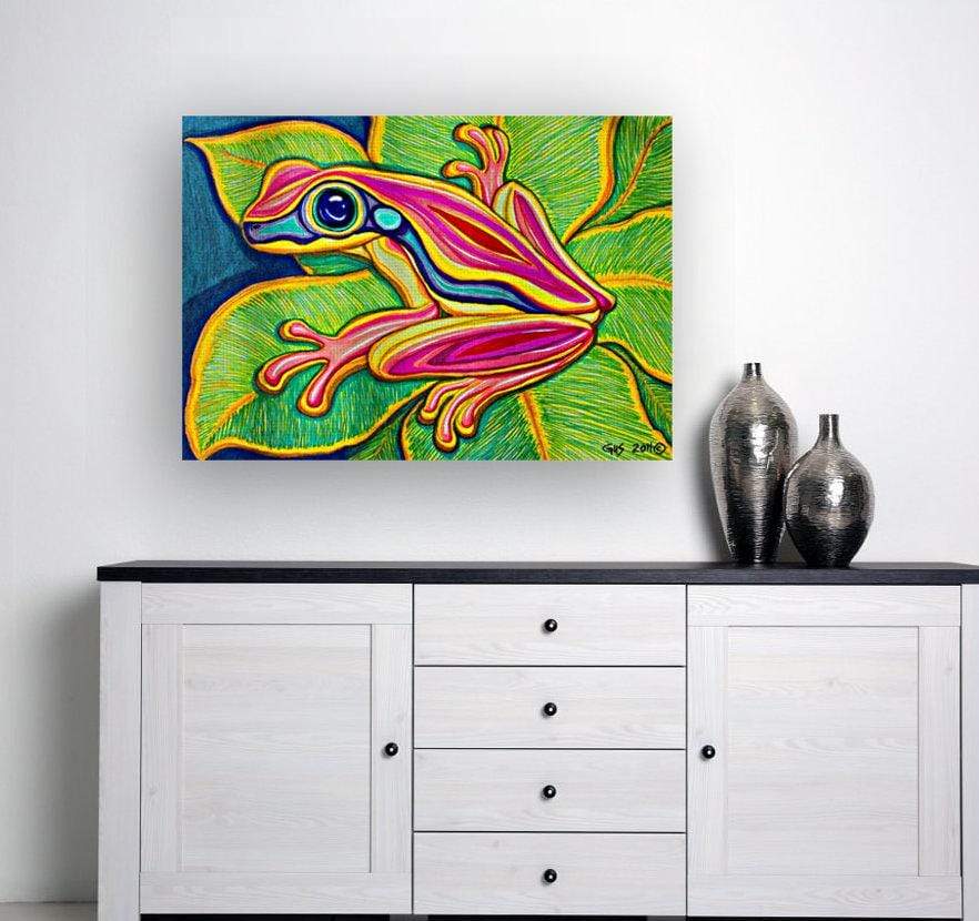drewsrainbows painting Pink Frog on Leafs Like Picasso-Monet-van Gogh-Matisse