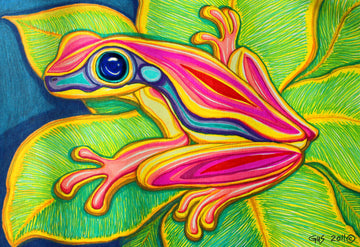 drewsrainbows painting Pink Frog on Leafs Like Picasso-Monet-van Gogh-Matisse